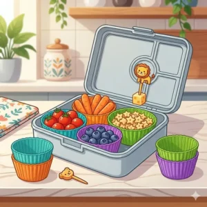 Colorful silicone cupcake liners used as lunch box accessories to keep different food groups separated.