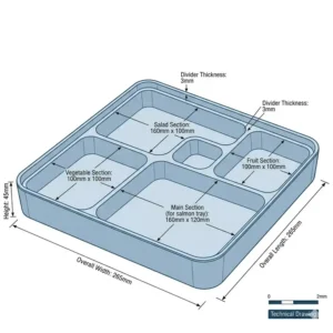 Technical drawing showing the layout and dimensions of bento box plates.