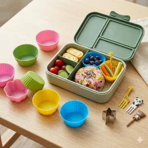 Colorful silicone bento box supplies used as dividers to keep different food items separate and fresh.