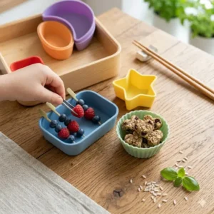 Showing the durability of bento box silicone cups being used for baking healthy snacks in the oven.
