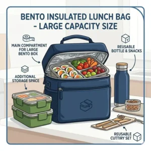 A graphic illustration demonstrating the spacious interior capacity of a bento insulated lunch bag holding multiple food containers.