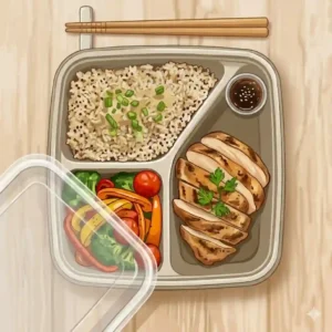 A three compartment plastic togo bento box displaying separated portions of food.