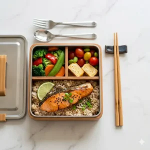 Sustainable meal prep featuring a stainless steel bento box with utensils made of polished metal on a marble surface.