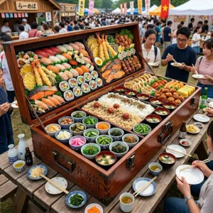 An exploded-view illustration showing the modular, stackable multiple tiers inside the biggest bento box.