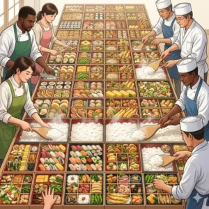 3: Multiple chefs and home cooks work together, using large wooden paddles, to fill deep sections of the largest bento box with steaming white rice.