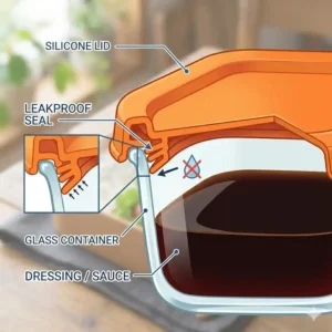 A technical diagram highlighting the leakproof silicone seal of a bento box sauce container.