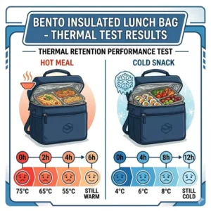 An infographic diagram showing the hot and cold temperature retention hours for a bento insulated lunch bag.