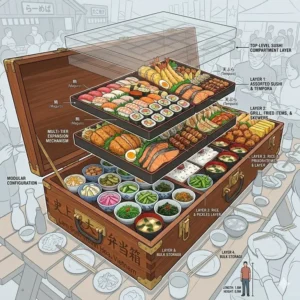 A detailed top-down map illustrating the individual sections within the biggest bento box filled with diverse foods.
