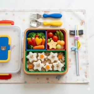 A child-friendly and vibrant bento box with utensils featuring star-shaped rice and colorful easy-grip forks.