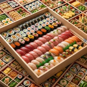 4: Close-up of a giant sushi section inside the largest bento box featuring tuna rolls, salmon nigiri, and wasabi.