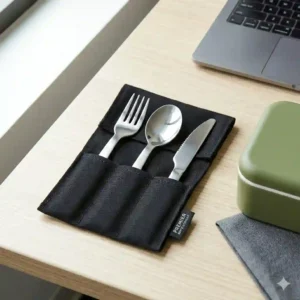 A compact, portable cutlery set with a travel case, perfect reusable lunch box accessories for adults for on-the-go office meals.