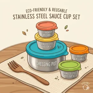 An eco-friendly set of stainless steel bento box sauce container units with colorful reusable lids.