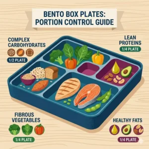 An infographic guide for portion control using divided bento box plates.