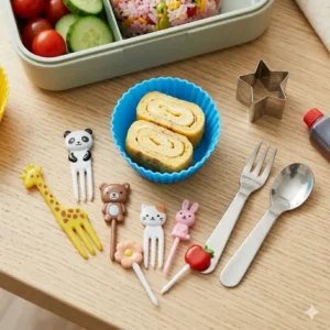Creative bento box supplies including animal-shaped food picks and small forks for kid-friendly lunch styling.