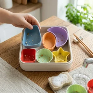 Demonstrating how easy it is to maintain hygiene with dishwasher-safe bento box silicone cups.