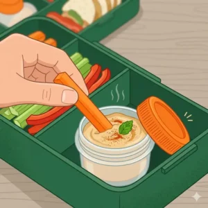 A practical demonstration of using a bento box sauce container for dipping fresh vegetable snacks.