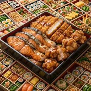 5: A close-up view focusing on a deep main compartment overflowing with massive servings of grilled teriyaki salmon, crispy tonkatsu, and karage chicken inside the largest bento box.