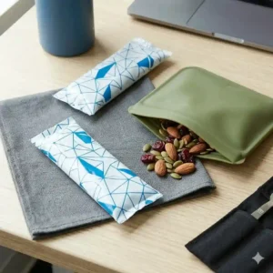 Two slim, blue gel lunch box accessories for adults reusable ice packs being placed into an insulated tote to keep food cold.