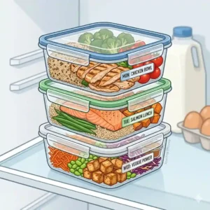 Multiple stacked togo bento boxes filled with healthy meals prepared for the week.