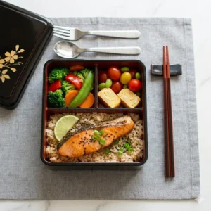 An authentic black lacquered traditional bento box with utensils featuring dark wood chopsticks and a ceramic rest.
