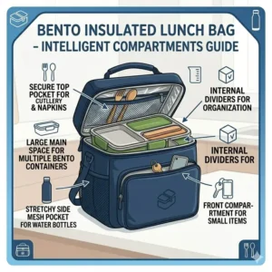An illustrated guide highlighting the side mesh pockets and front zippered compartments of the bento insulated lunch bag.