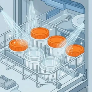An infographic showing how to properly clean a bento box sauce container in a dishwasher.