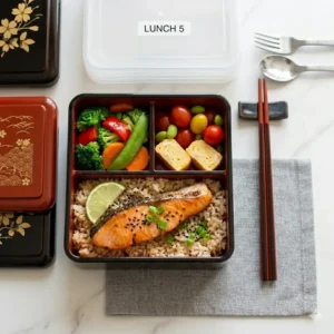 A top-down overhead view of an organized bento box with utensils neatly arranged for a healthy daily meal.