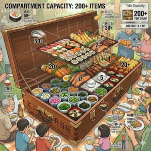 A visual breakdown showing how five days of varied meal prep can fit into the biggest bento box for storage.