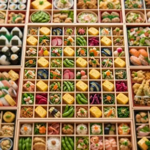 6: An intricate top-down view showing a dense grid of hundreds of small compartments within the largest bento box, each filled with delicate tamagoyaki and vibrant pickled vegetables.