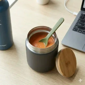 An insulated stainless steel thermos food jar, a warm-meal staple among lunch box accessories for adults, filled with soup.