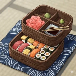 A traditional Japanese style wood grain togo bento box packed with sushi and pickled ginger.