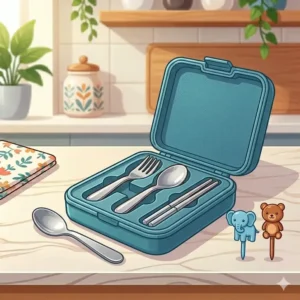 Portable reusable stainless steel utensil set with a carrying case for lunch box accessories.