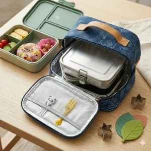 A stylish insulated lunch bag designed to carry bento box supplies and maintain food temperature during travel.