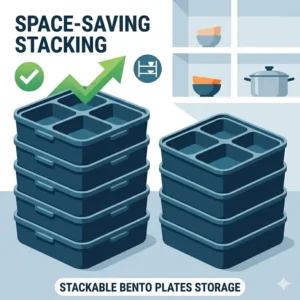Illustration of space-saving stackable bento box plates for kitchen storage.