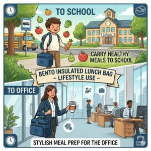 A colorful illustration of a bento insulated lunch bag being carried to school and office work for daily meal prep.