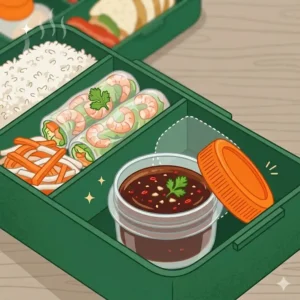 A top-down view showing how a bento box sauce container fits perfectly into a small lunch box compartment.