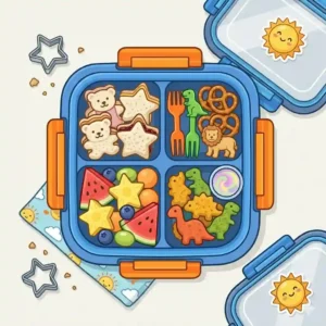A colorful kids togo bento box filled with sandwich cutouts and fresh fruit slices.