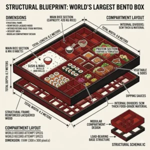 7: Architectural diagram illustrating the dimensions, depth, and compartment layout of the largest bento box design.