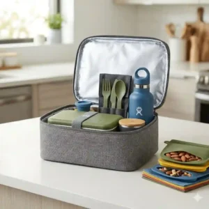 A stylish, minimalist grey insulated lunch bag tote, a practical lunch box accessories for adults solution for working professionals.