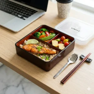 A professional workspace setting with a nutritious bento box with utensils placed next to a laptop for a desk lunch.