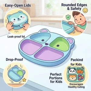 Colorful and safe bento box plates designed with features specifically for kids.