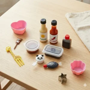 Miniature leak-proof sauce containers and condiment bottles essential for bento box supplies and dressing.