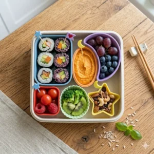 A beautifully arranged aesthetic lunch featuring color-coordinated bento box silicone cups.