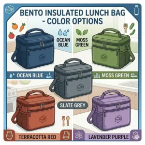 A product lineup illustration displaying all available color options and stylish designs for the bento insulated lunch bag.
