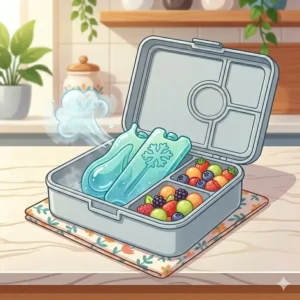 Slim reusable blue ice packs used as lunch box accessories to keep food fresh and cold.