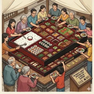 8: A family gathered around a table sharing a massive meal out of the largest bento box ever prepared.