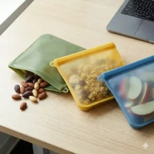 Three self-standing reusable silicone snack pouches containing granola and fruit slices, eco-friendly lunch box accessories for adults for workday snacking.