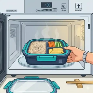 A microwave safe togo bento box being placed into a kitchen microwave for reheating.