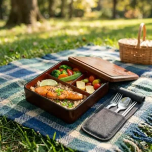 A scenic outdoor picnic featuring a wooden bento box with utensils in a portable fabric pouch on a blue plaid blanket.