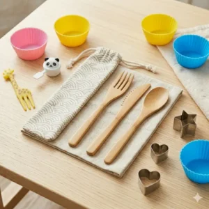 A portable bamboo utensil set with a carrying case as part of eco-friendly bento box supplies.